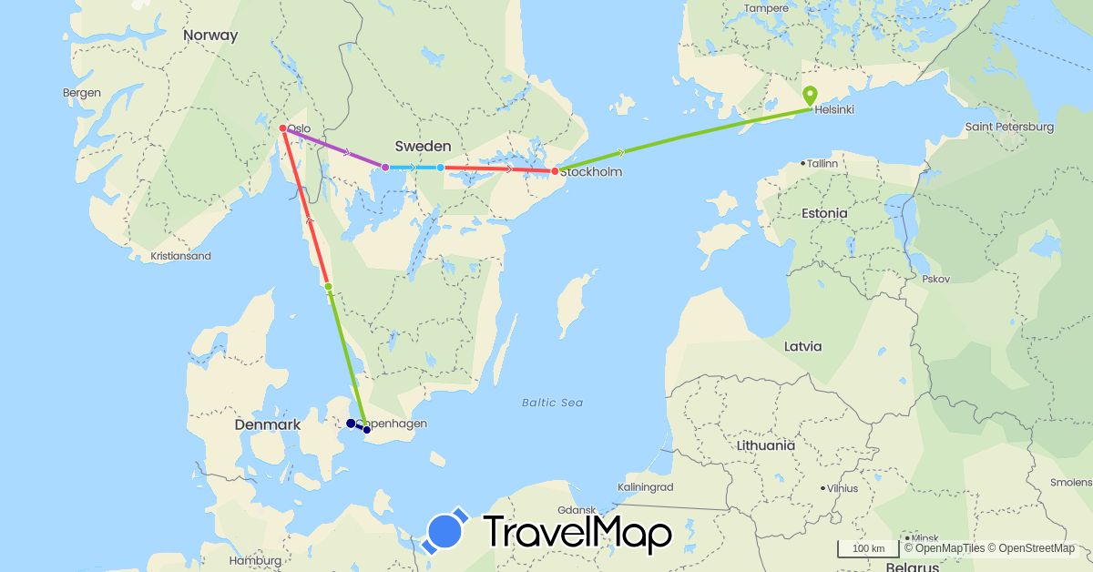 TravelMap itinerary: driving, train, hiking, boat, electric vehicle in Denmark, Finland, Norway, Sweden (Europe)
